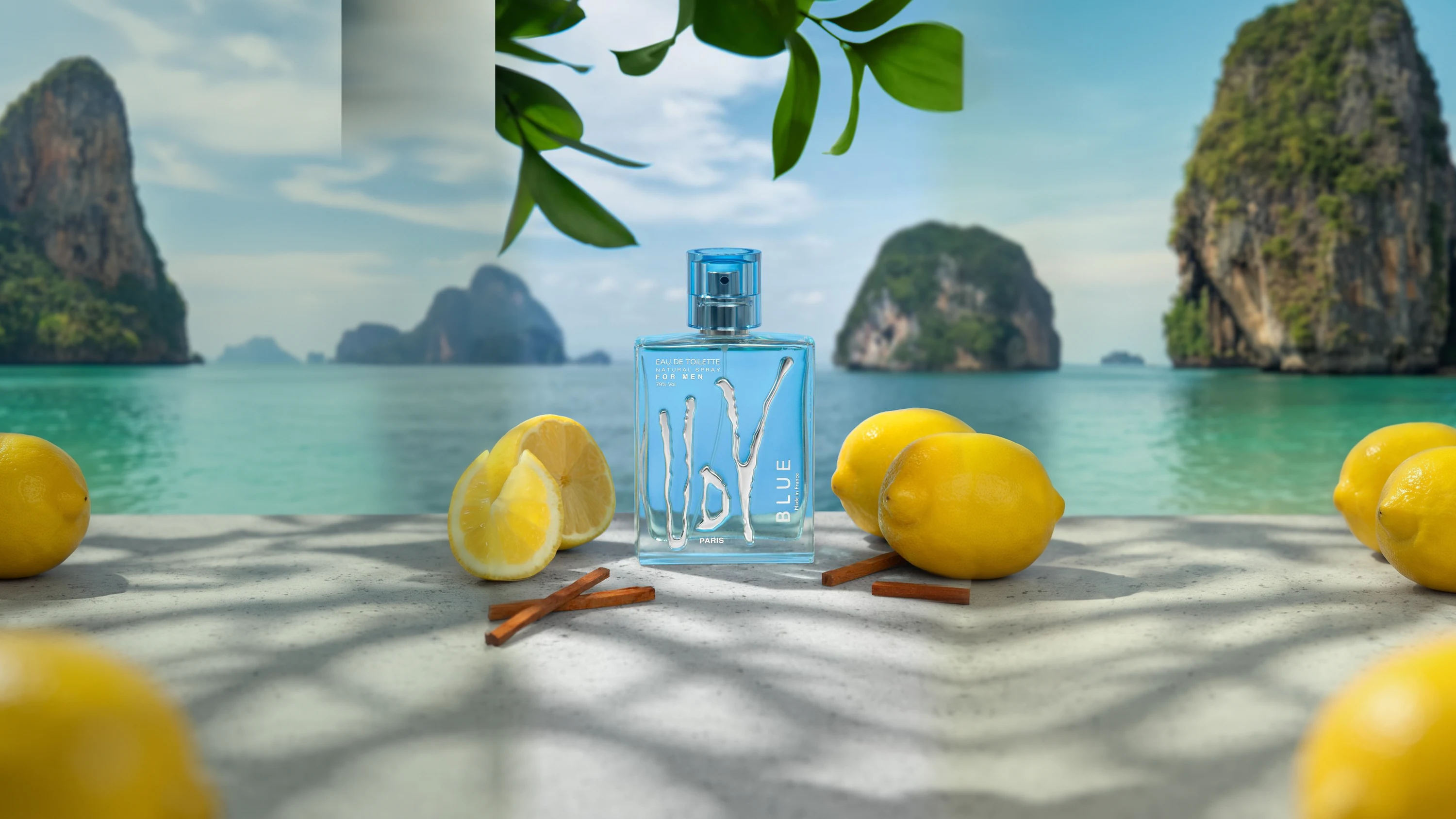UDV Blue with lemons by a turquoise lagoon