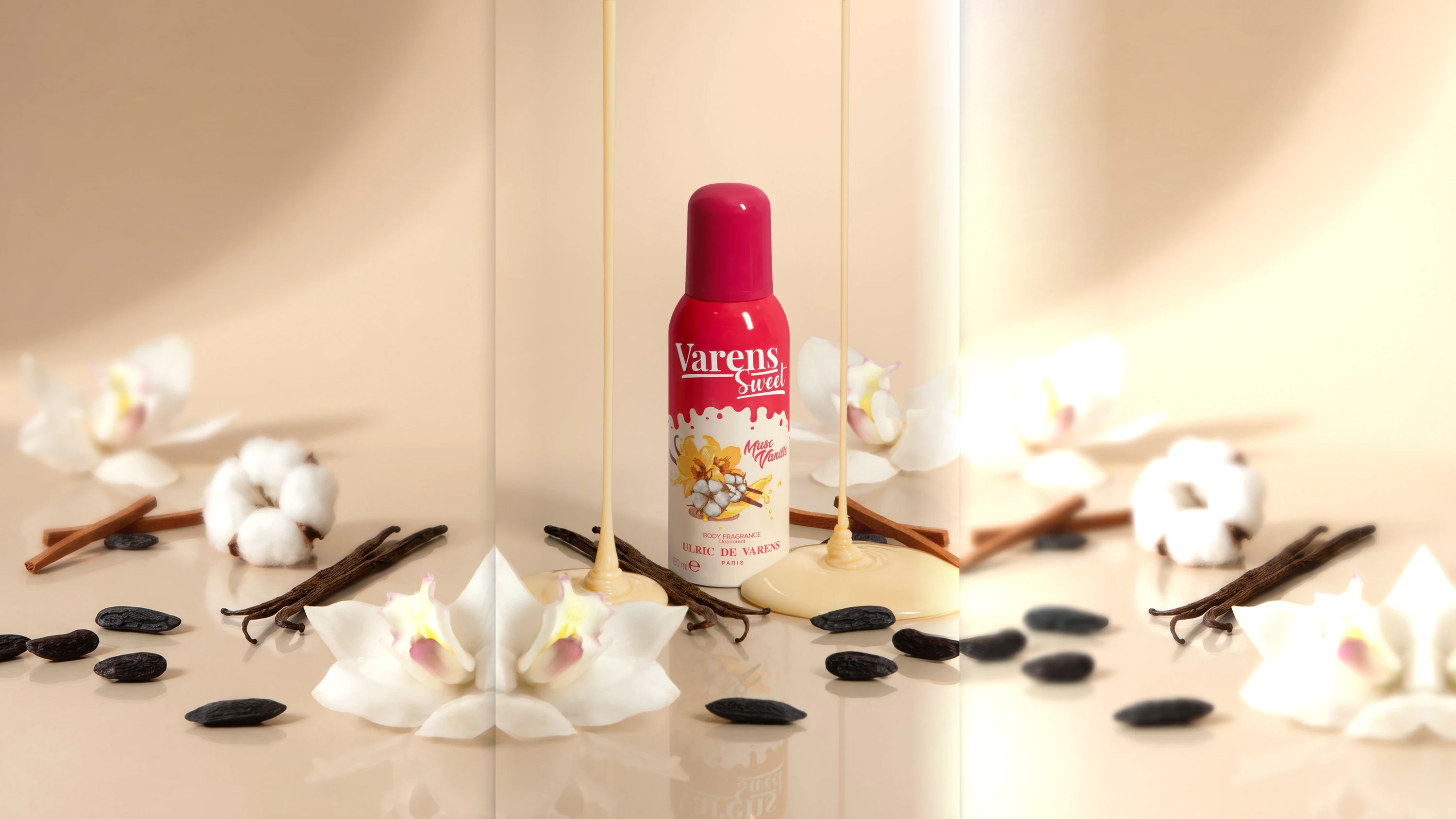 Varens Sweet Musc Vanille with vanilla pods and cotton flowers