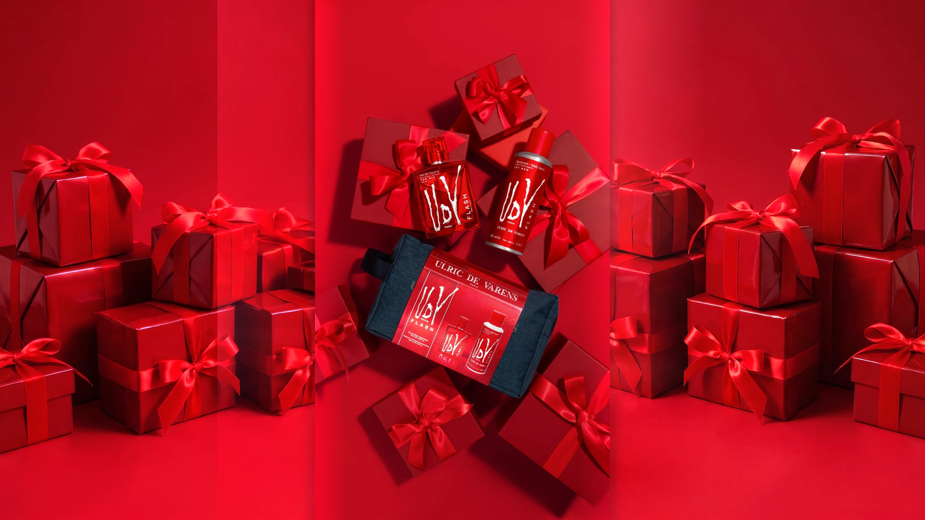 UDV Flash bag set among red gift boxes