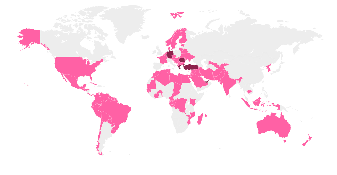 World map highlighting Ulric de Varens distribution network across more than 80 countries, with subsidiaries marked in deep berry