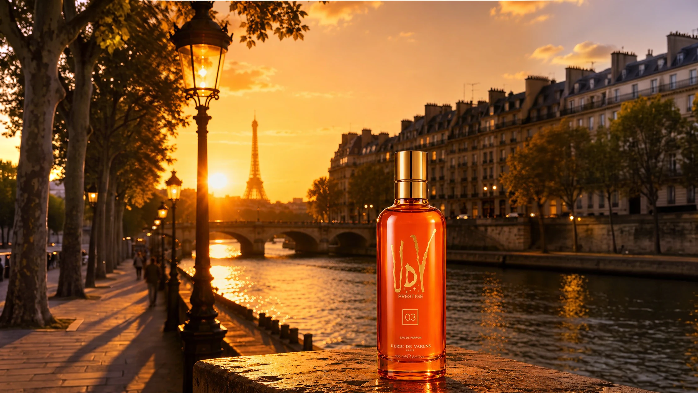 UDV Prestige 03 eau de parfum on a Seine parapet at golden hour, Eiffel Tower behind