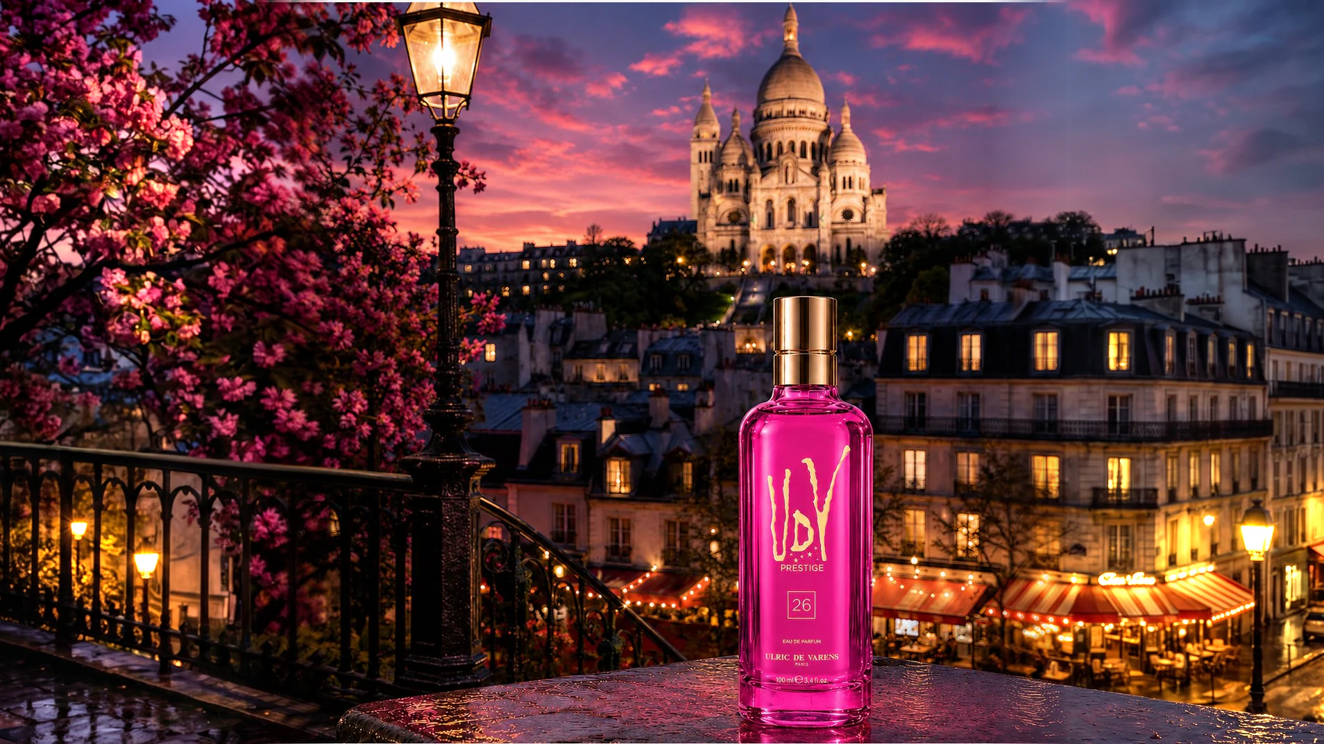 UDV Prestige eau de parfum in front of Sacré-Cœur at dusk