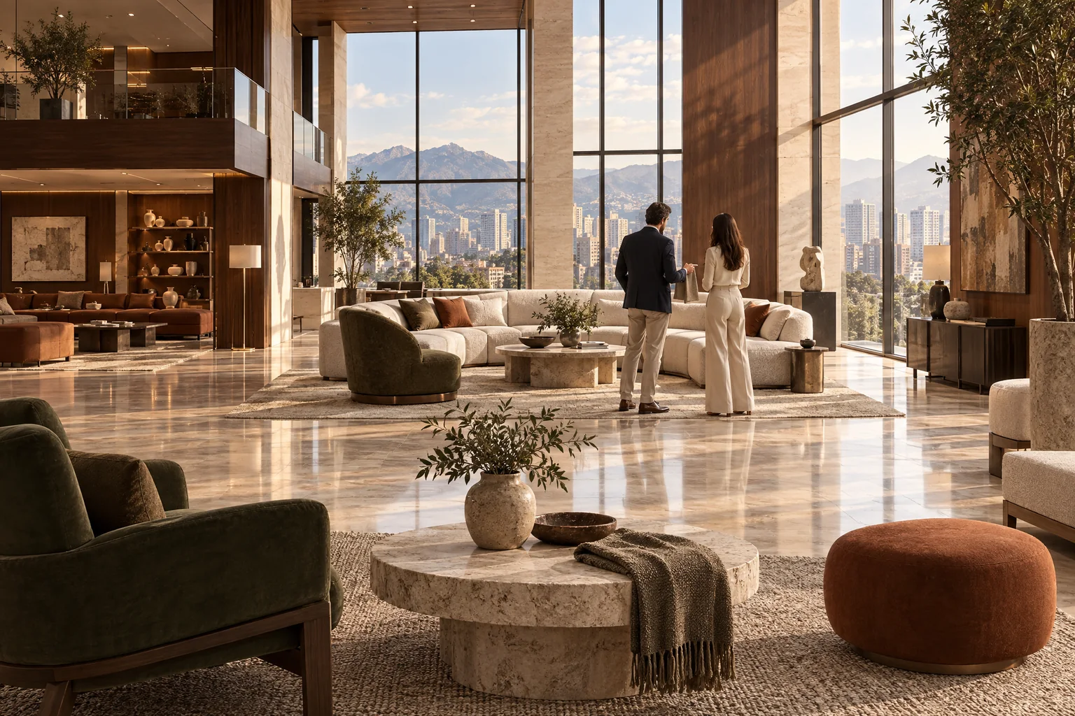 Asesora y cliente, de espaldas, recorren un amplio showroom con vista a la ciudad.