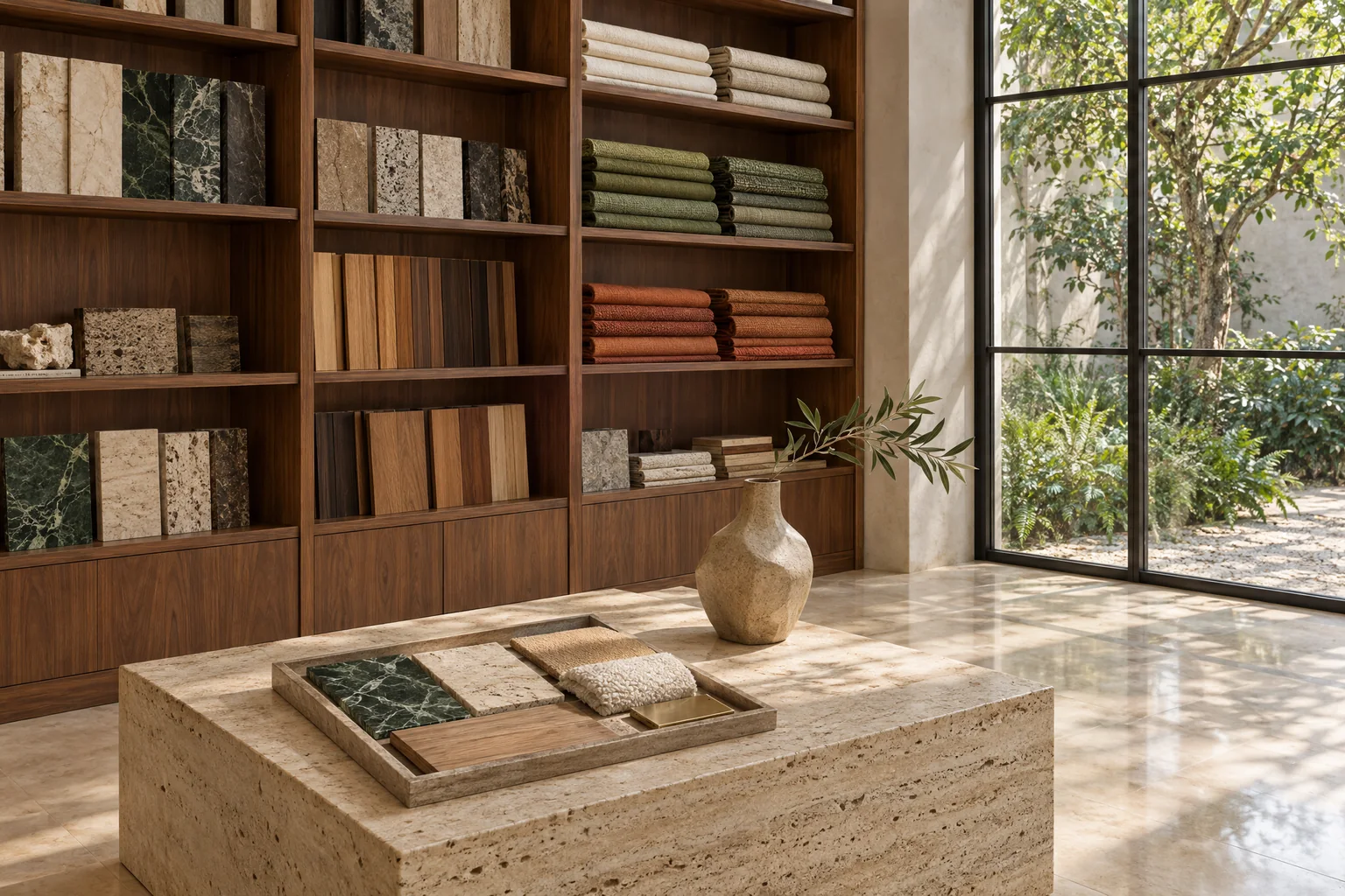 Biblioteca de materiales con muestras de piedra, madera y textiles junto a un patio.