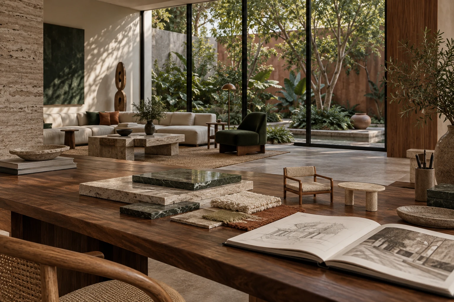 Mesa de diseño con muestras y materiales.