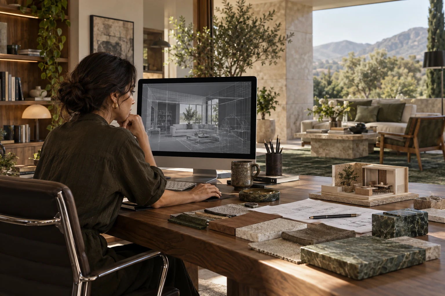 Diseñadora trabajando en un modelo 3D desde un estudio de interiorismo con materiales y maqueta sobre la mesa.