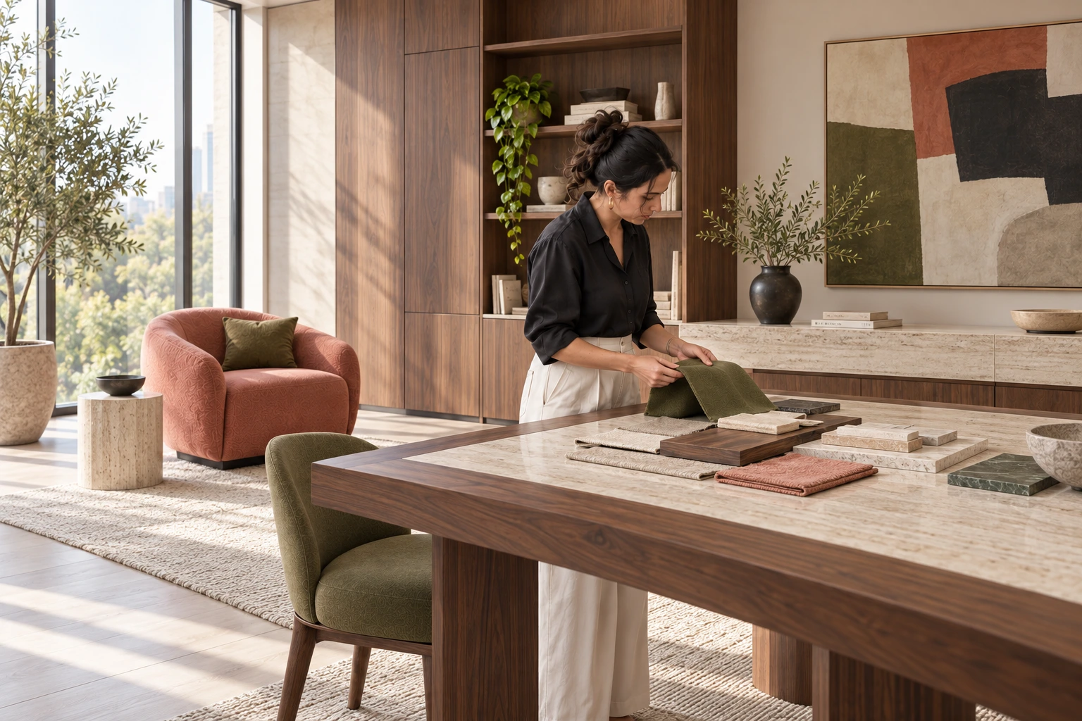 Diseñadora comparando muestras en un estudio de interiorismo de alta calidad.