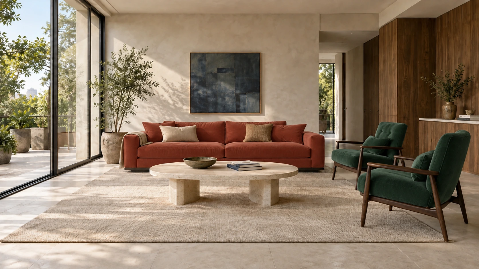 Sala luminosa con sofá terracota, dos butacas verde profundo, mesa de travertino y carpintería de nogal junto a una terraza.