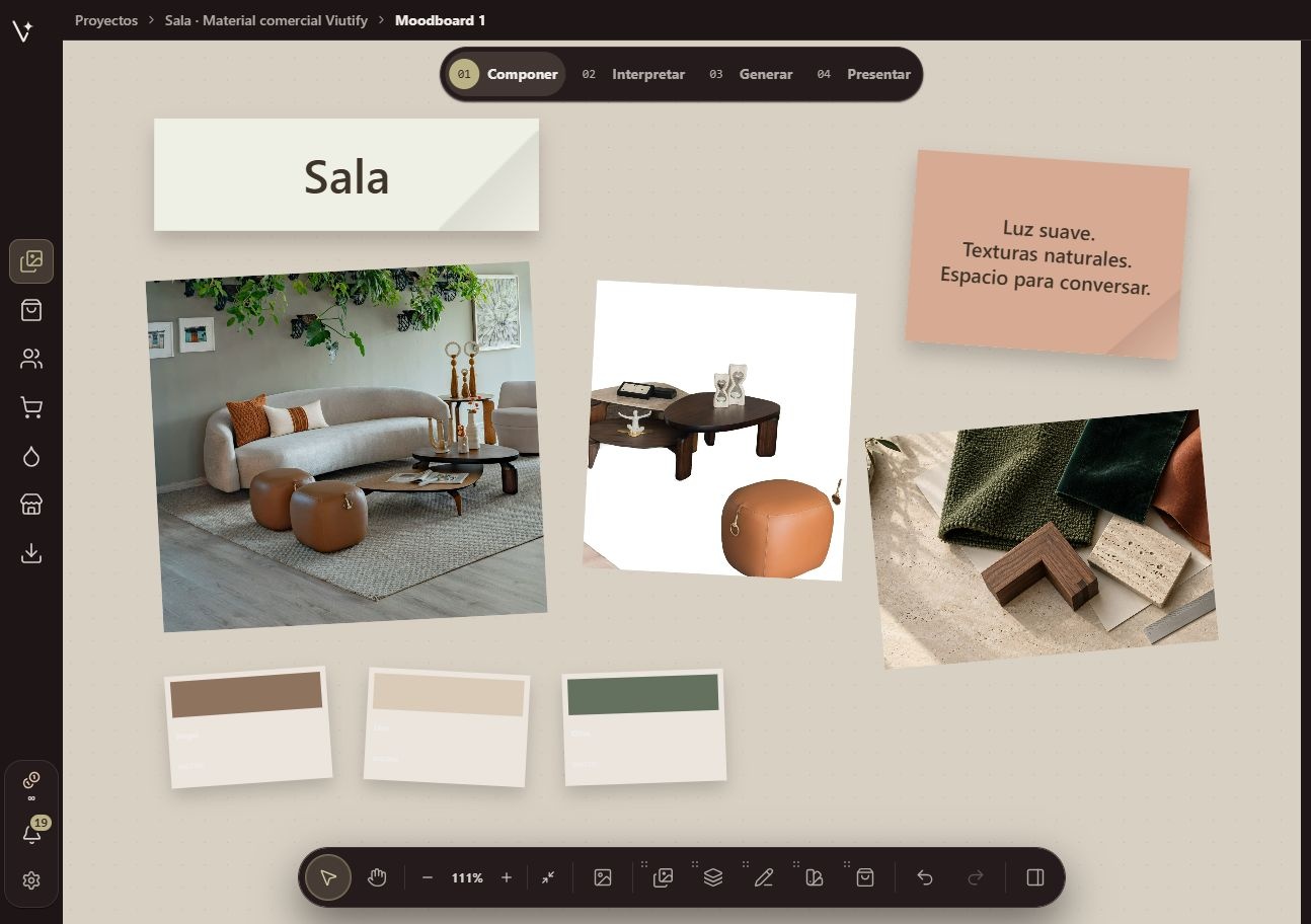 Moodboard real con muestras de materiales y piezas elegidas desde el catálogo.