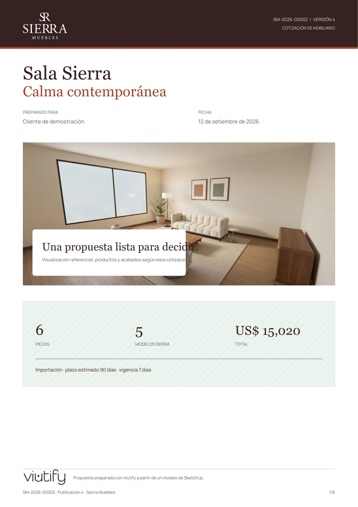 Portada de la cotización Sierra Muebles de ejemplo.